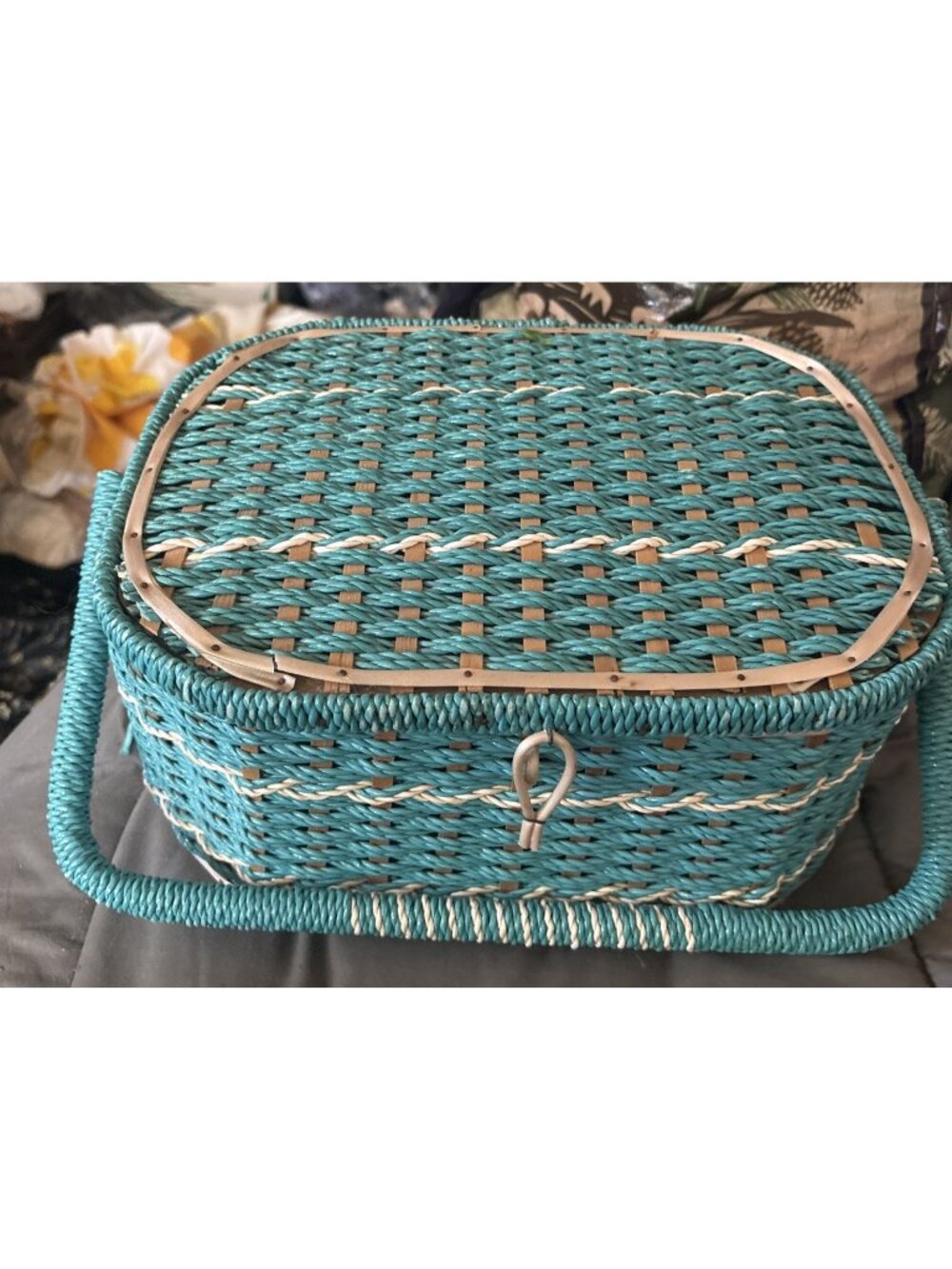 Vintage DRITZ Sewing Basket Wicker Woven Japan Mid Century Turquoise Blue Sturdy